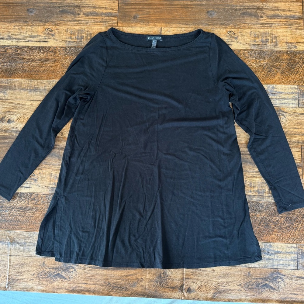 Eileen Fisher Black Lyocell Blend Tunic Top Petite Small Soft Stretch Minimalist